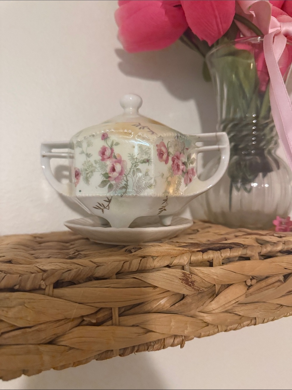 Vintage Floral Covered Sugar Bowl - Pink Rose Porcelain